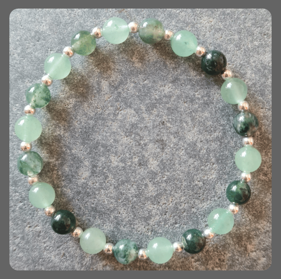 Green Moss Agate and Aventurine Sterling Silver Stacker  Bracelet