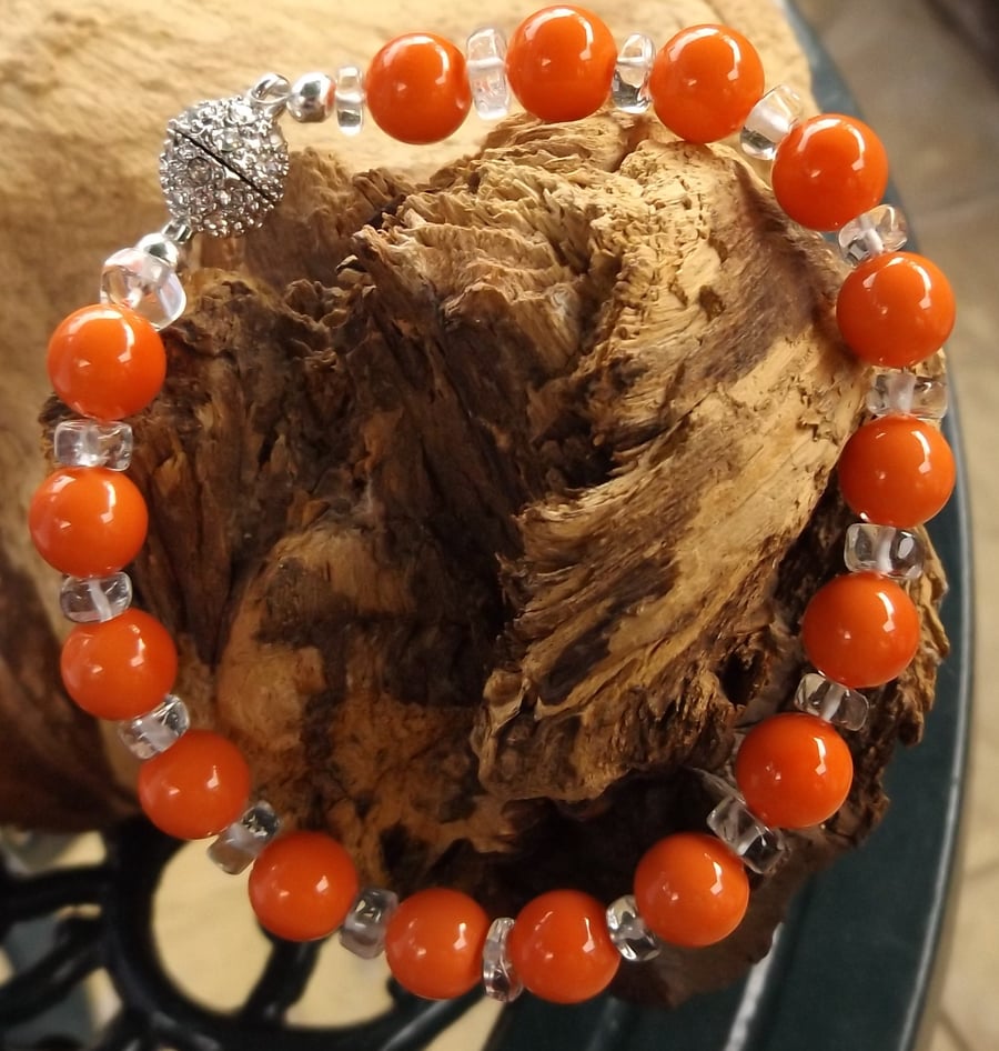 Coral coloured shell pearl and clear quartz magnetic clasp bracelet