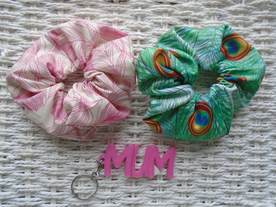 Pack of 2 Pretty Scrunchies and Mum Keyring Gift Idea