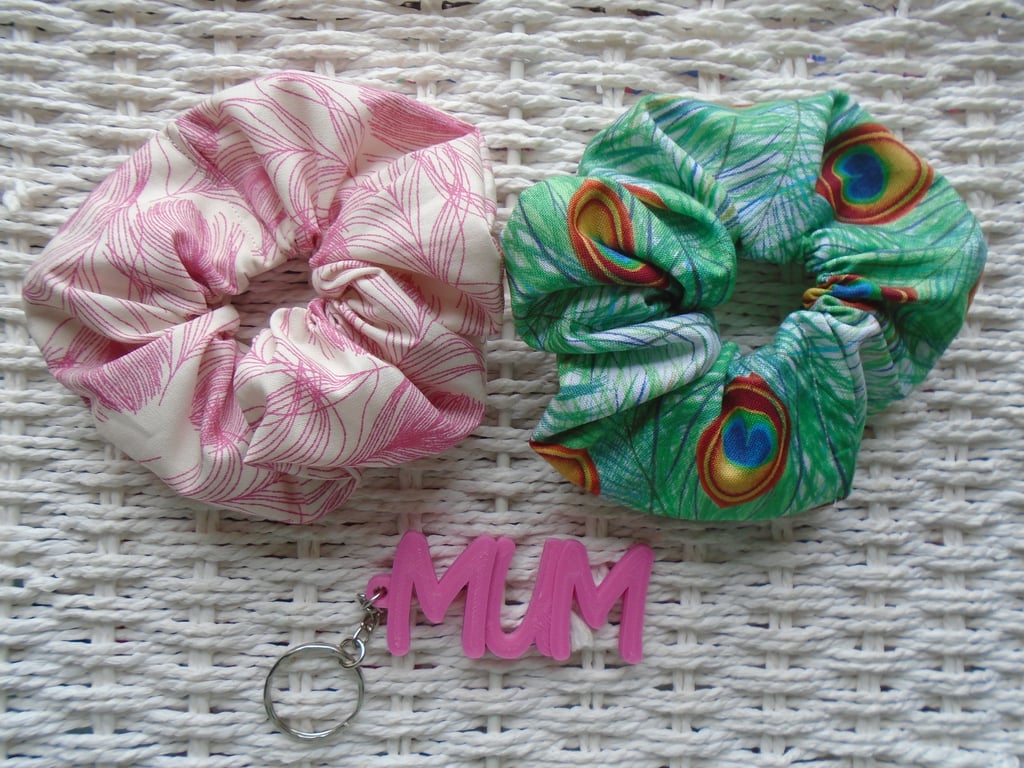 Pack of 2 Pretty Scrunchies and Mum Keyring Gift Idea