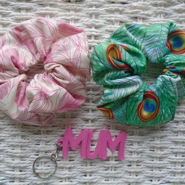 Pack of 2 Pretty Scrunchies and Mum Keyring Gift Idea