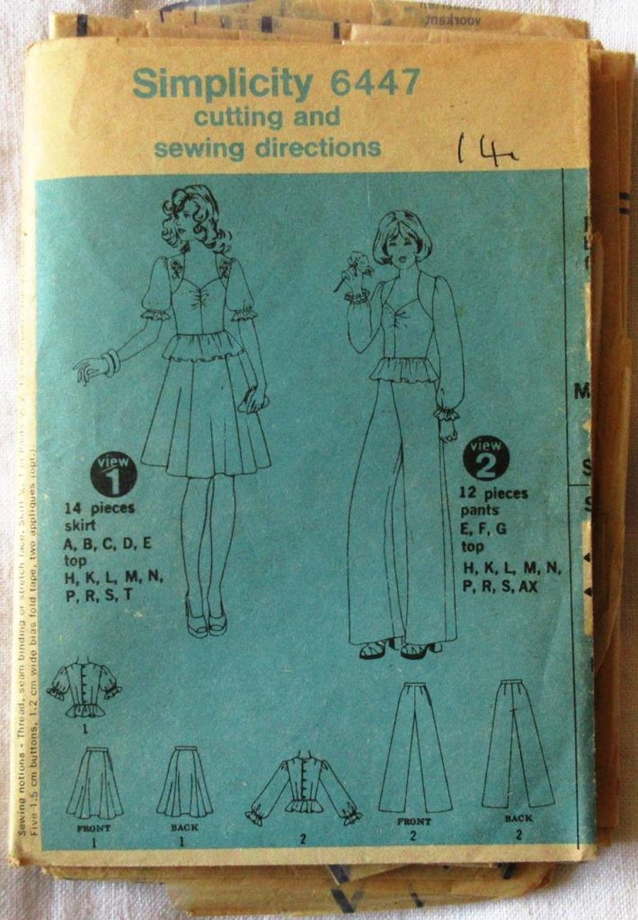 A vintage sewing pattern for a misses' skirt, trousers and peplum top in size 14