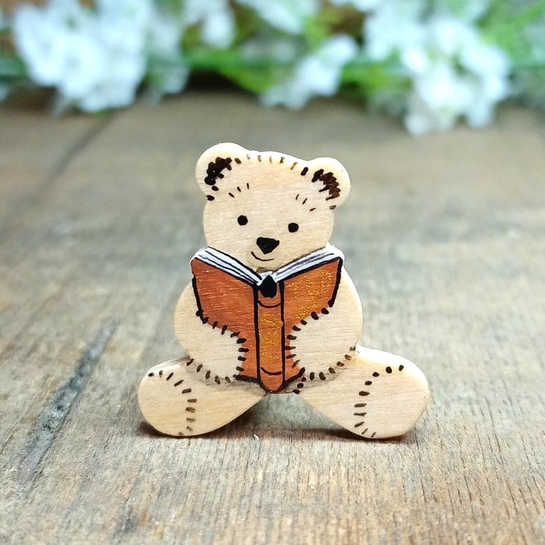 Bookworm Bear Pin, Handmade Wooden Teddy Badge, Gift For Book Lover