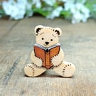 Bookworm Bear Pin, Handmade Wooden Teddy Badge, Gift For Book Lover