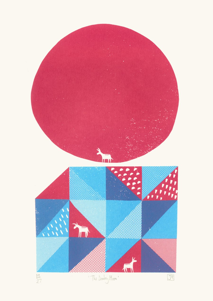 The Donkey Moon A3 two-colour screen-print (pink & blue)