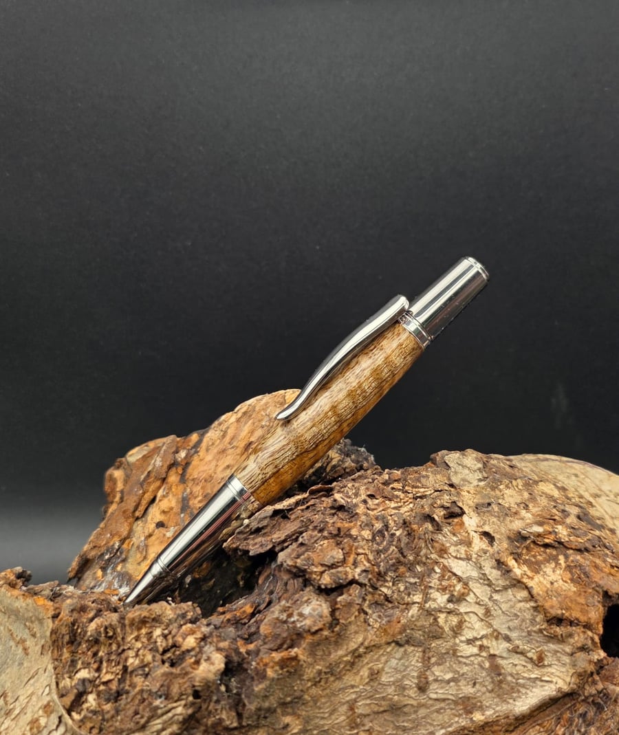 Handcrafted Curly Mango Wood Ballpoint Twist pen with Rhodium and Black Finish