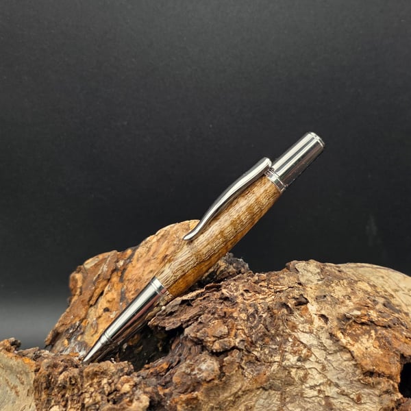 Handcrafted Curly Mango Wood Ballpoint Twist pen with Rhodium and Black Finish