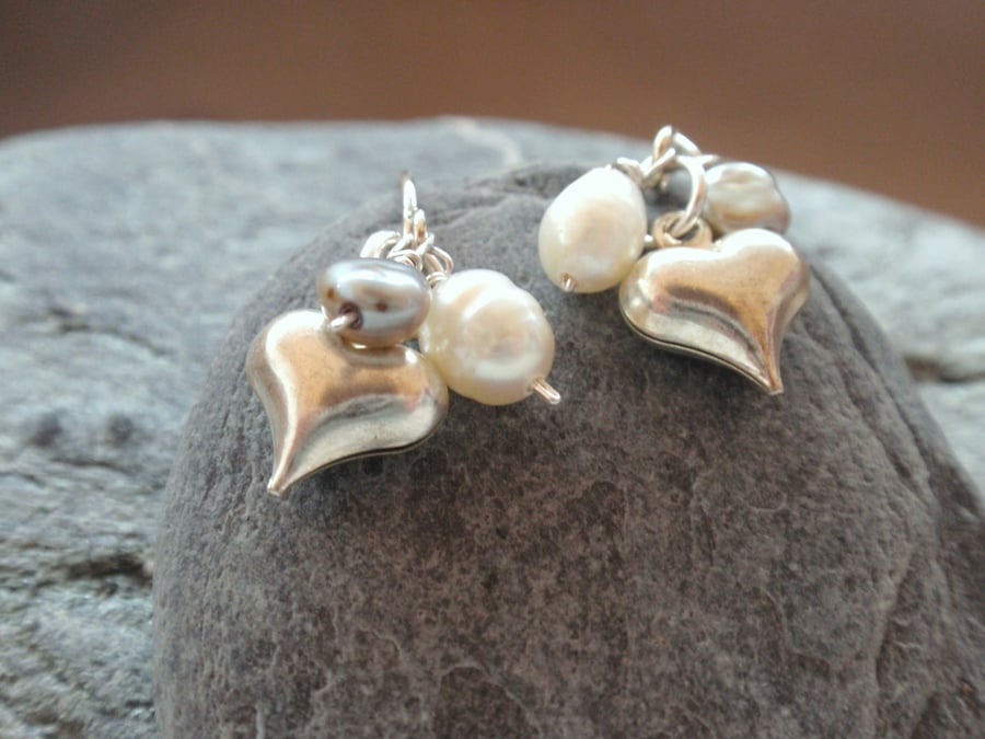 Silver Heart Earrings with Freshwater Pearl cluster in ivory and grey brown