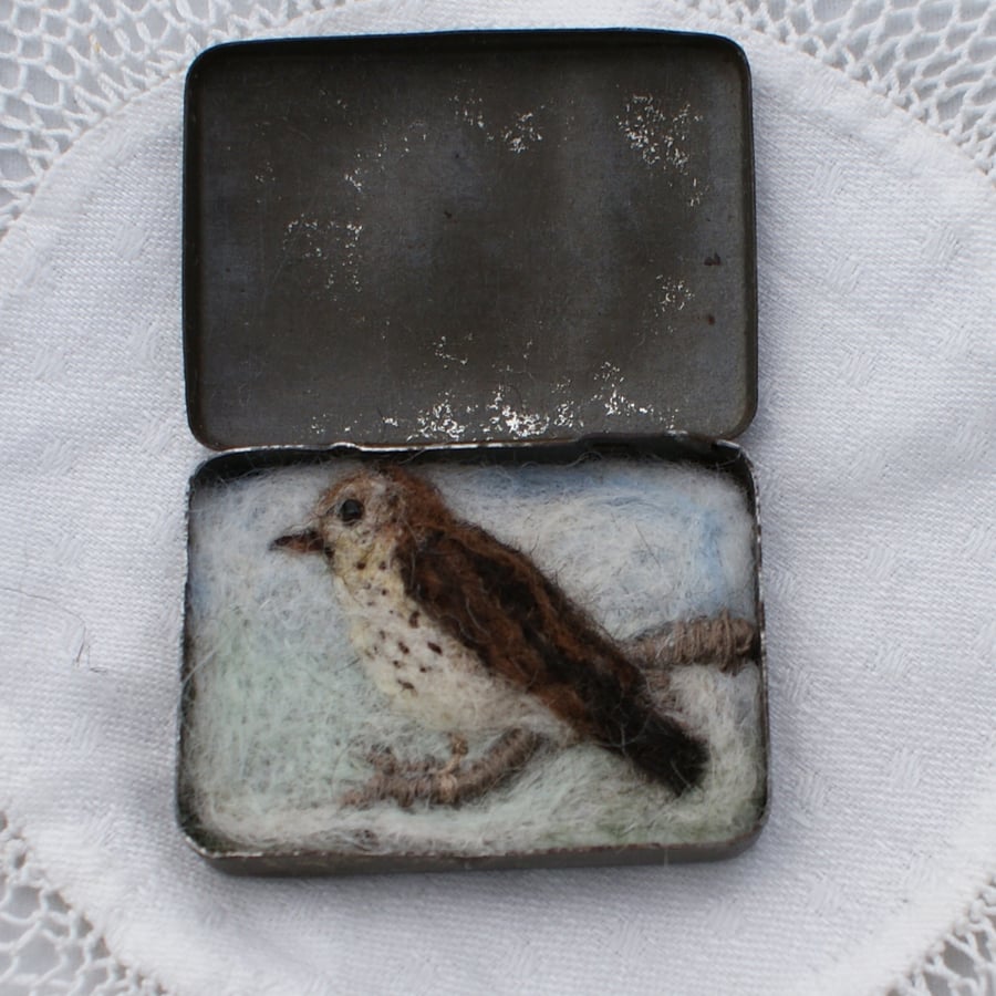 Songster vintage gramophone needle box with needle felt Song Thrush art piece  