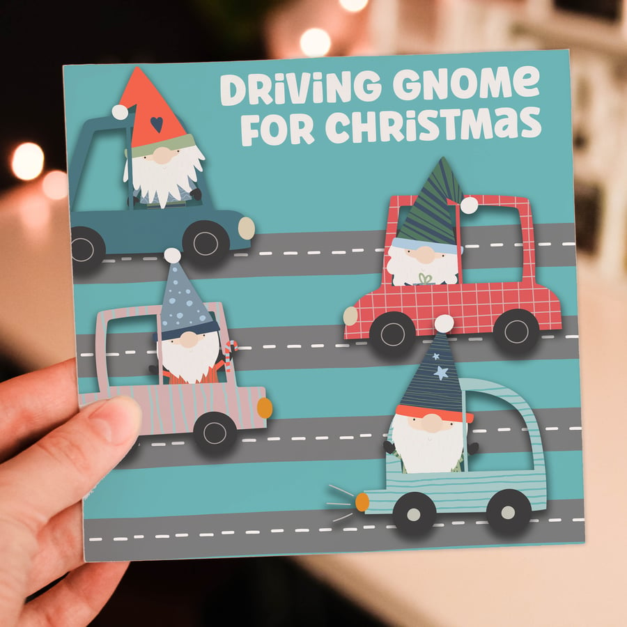 Funny Christmas, holidays card: Driving gnome for Christmas