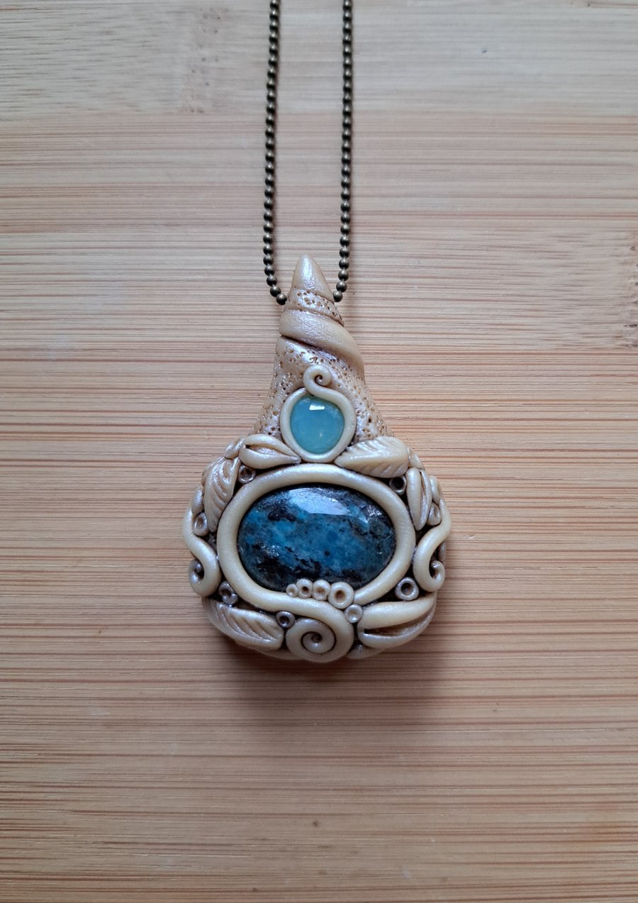 Blue Pearl Larvikite Crystal with Aurora Chaton and Polymer Clay Amulet Pendant