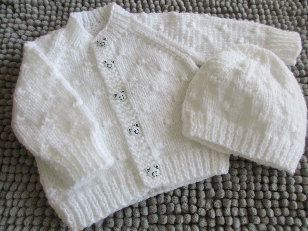 14" Baby Boys Round Neck Knots Cardigan and Hat