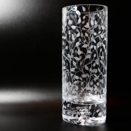 20cm Glass Column Vase with Sandblasted Leaves Design