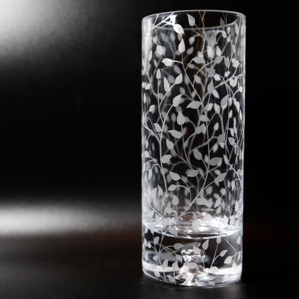 20cm Glass Column Vase with Sandblasted Leaves Design