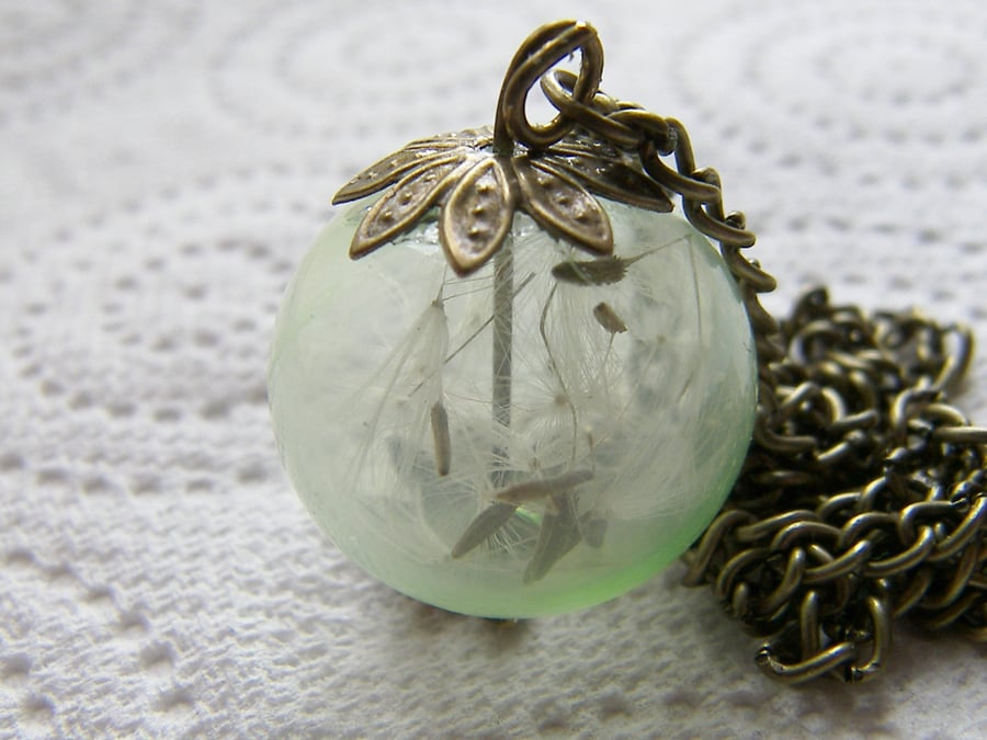 Real Dandelion Seeds Green Glass Globe Necklace - Make a Wish
