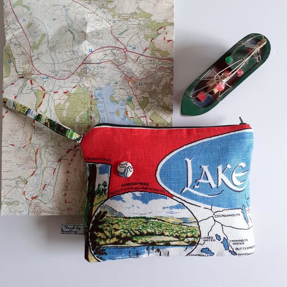  Lake District recycled tea towel pouch purse storage or toiletries bag.