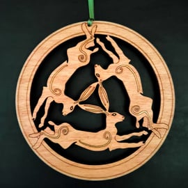 Three Celtic Hares - small wooden wall hanging or window ornament