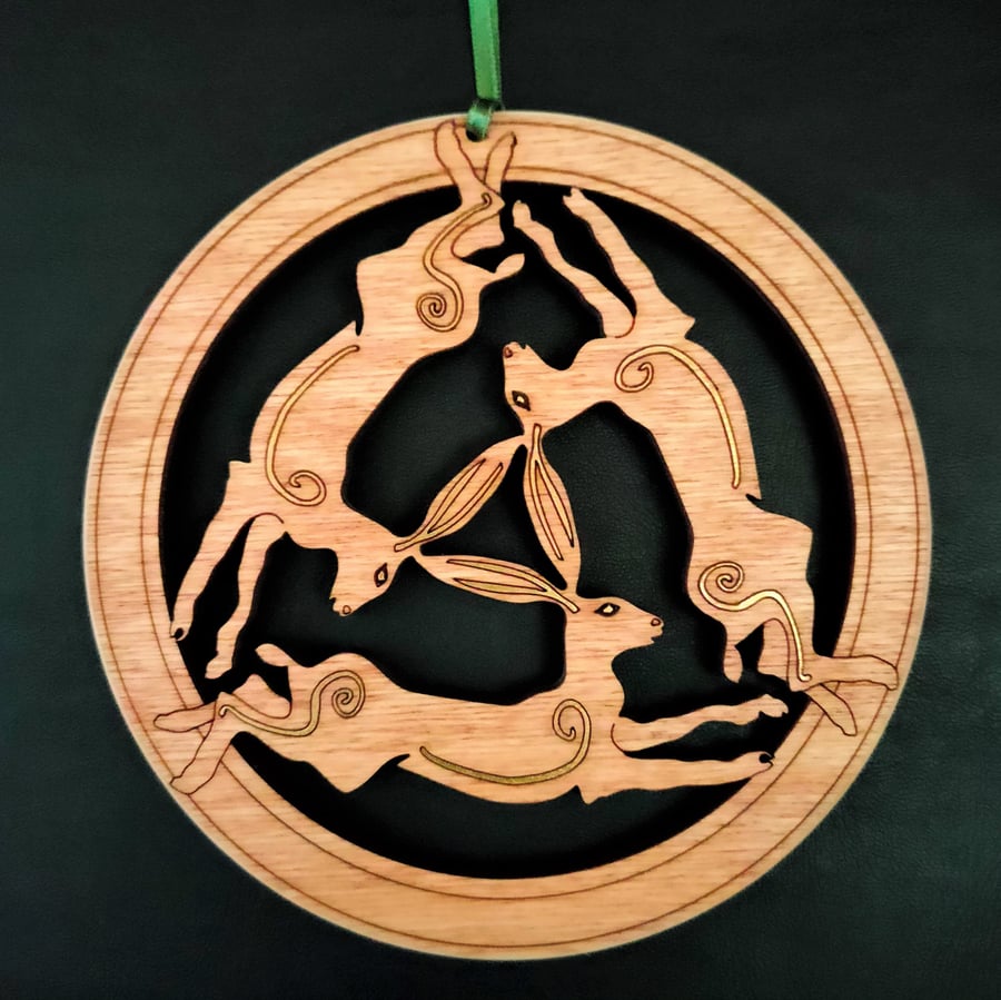 Three Celtic Hares - small wooden wall hanging or window ornament