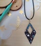 Blue patterned wooden diamond hand painted necklace 