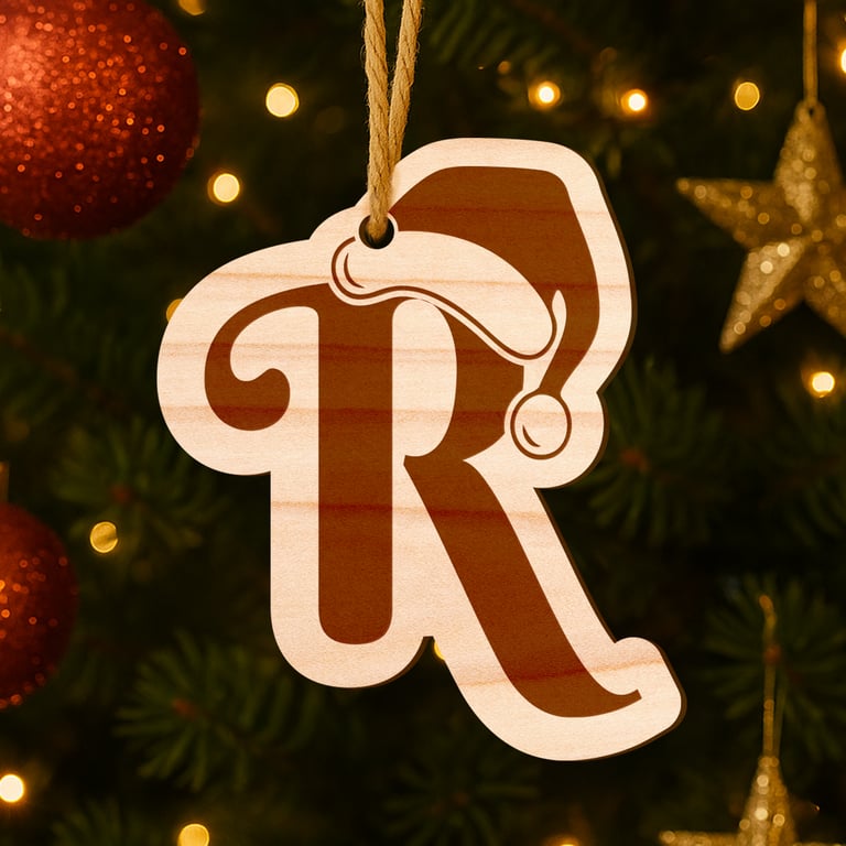 Personalised Wooden Christmas Initial Bauble with Santa Hat – Rustic Wood Letter
