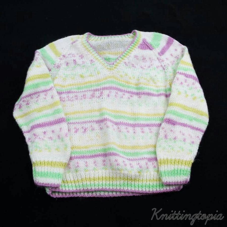 Hand knitted children's multi-colour v neck jumper to fit 5 - 6  years 