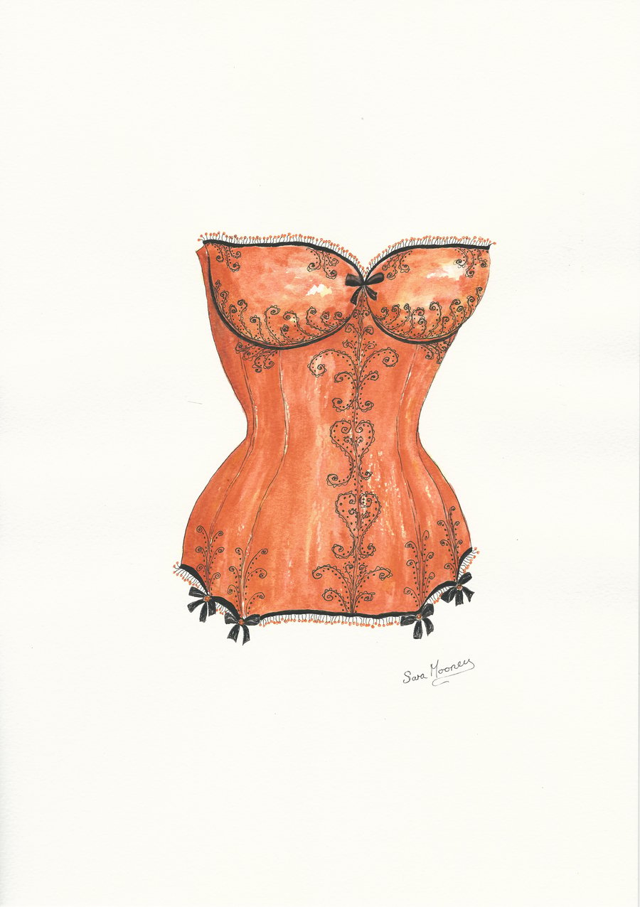 Orange corset original watercolour painting with black detailing