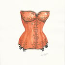 Orange corset original watercolour painting with black detailing