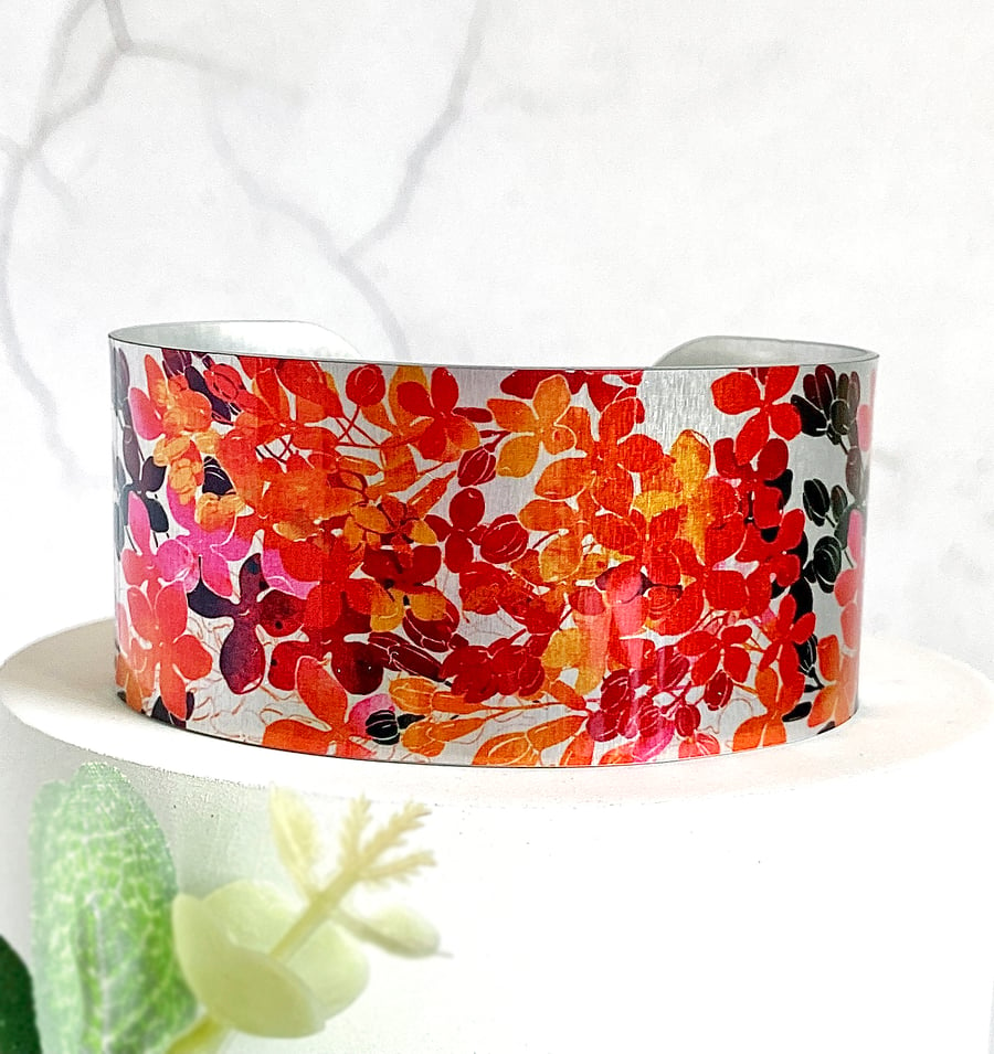 Orange Red wide cuff bracelet, autumn leafy floral metal jewellery bangle. (732)
