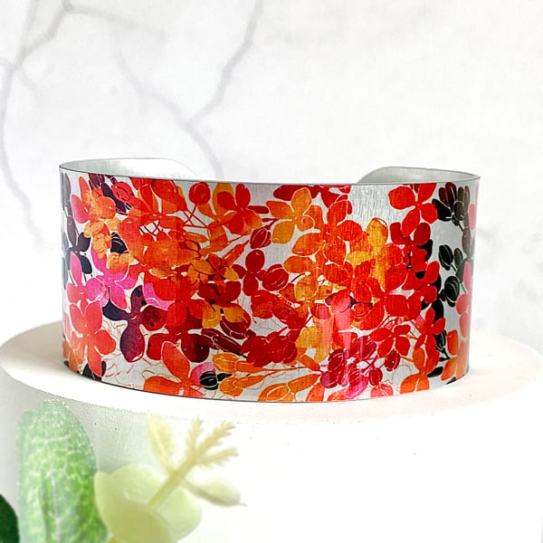 Orange Red wide cuff bracelet, autumn leafy floral metal jewellery bangle. (732)