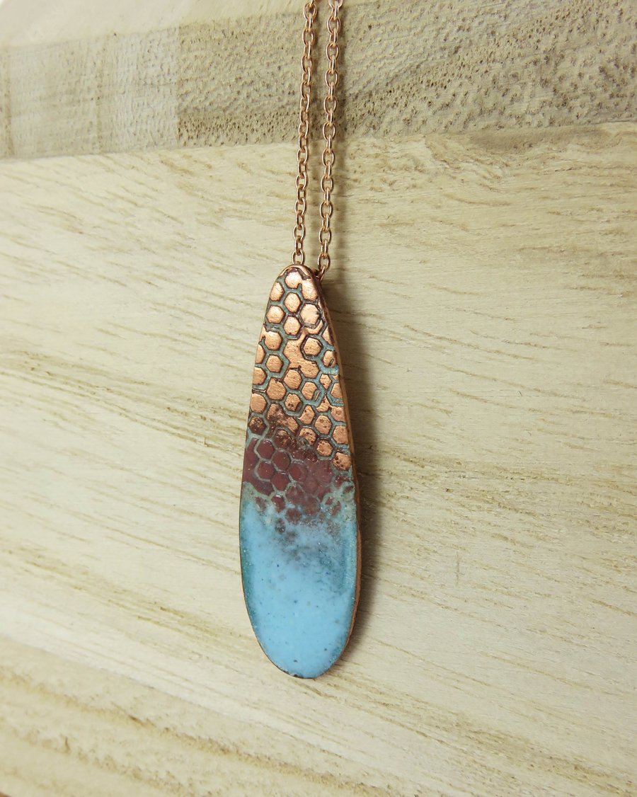 Teardrop copper and enamel pendant