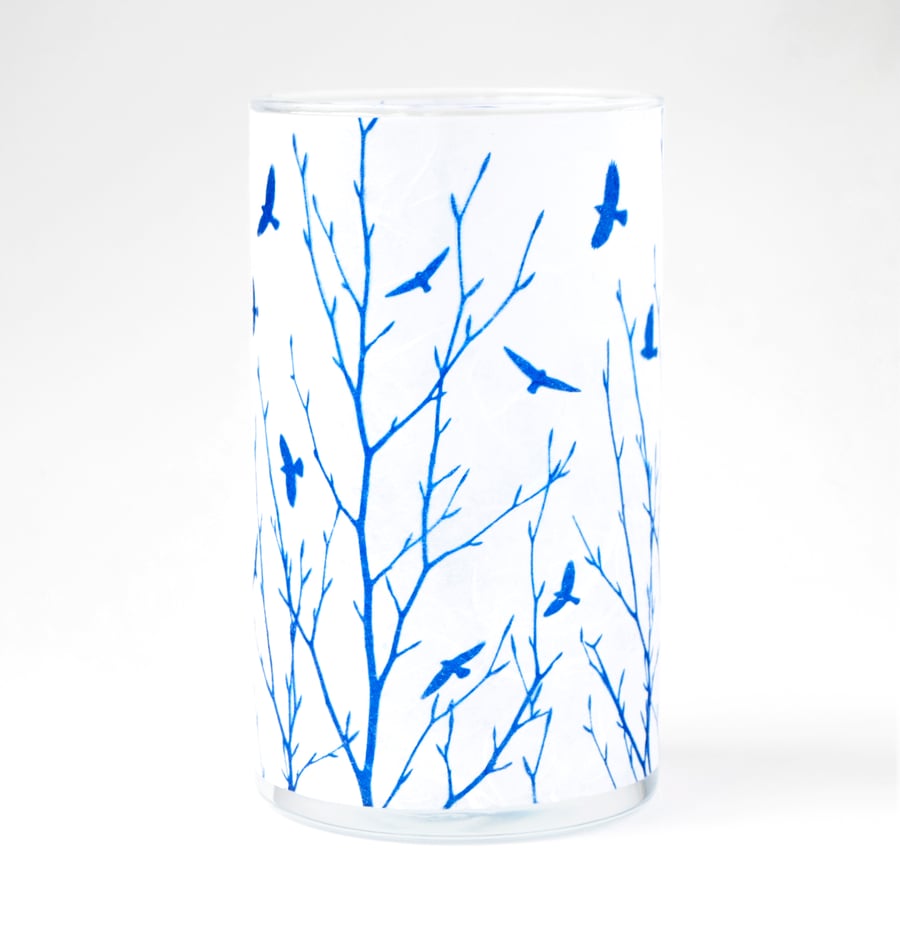 Flock of birds Cyanotype blue and white cylinder vase