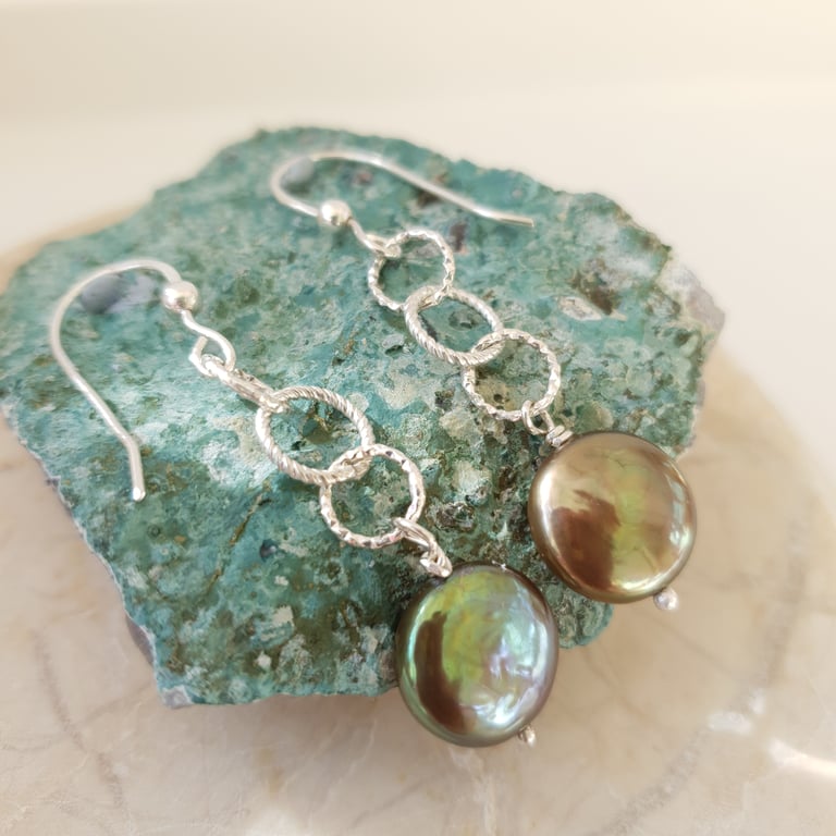 Coin Pearl Drop Earrings Sterling Silver Bronze Toned Cultured Pearl Dangle