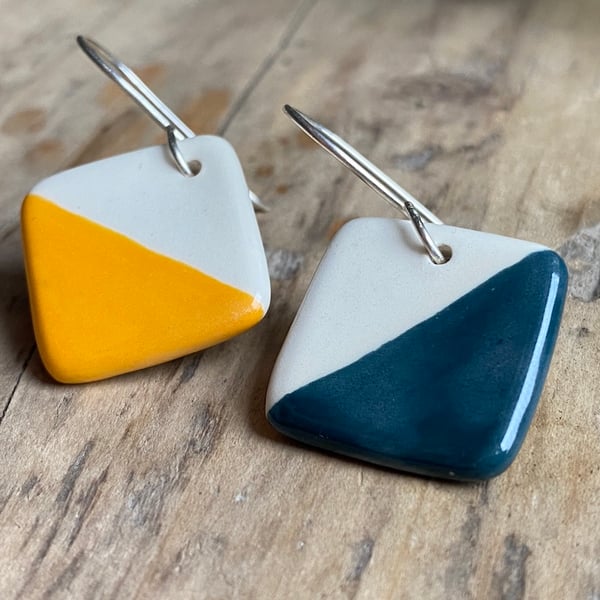 Handmade Ceramic Mismatched Sterling Silver Dangly Earrings