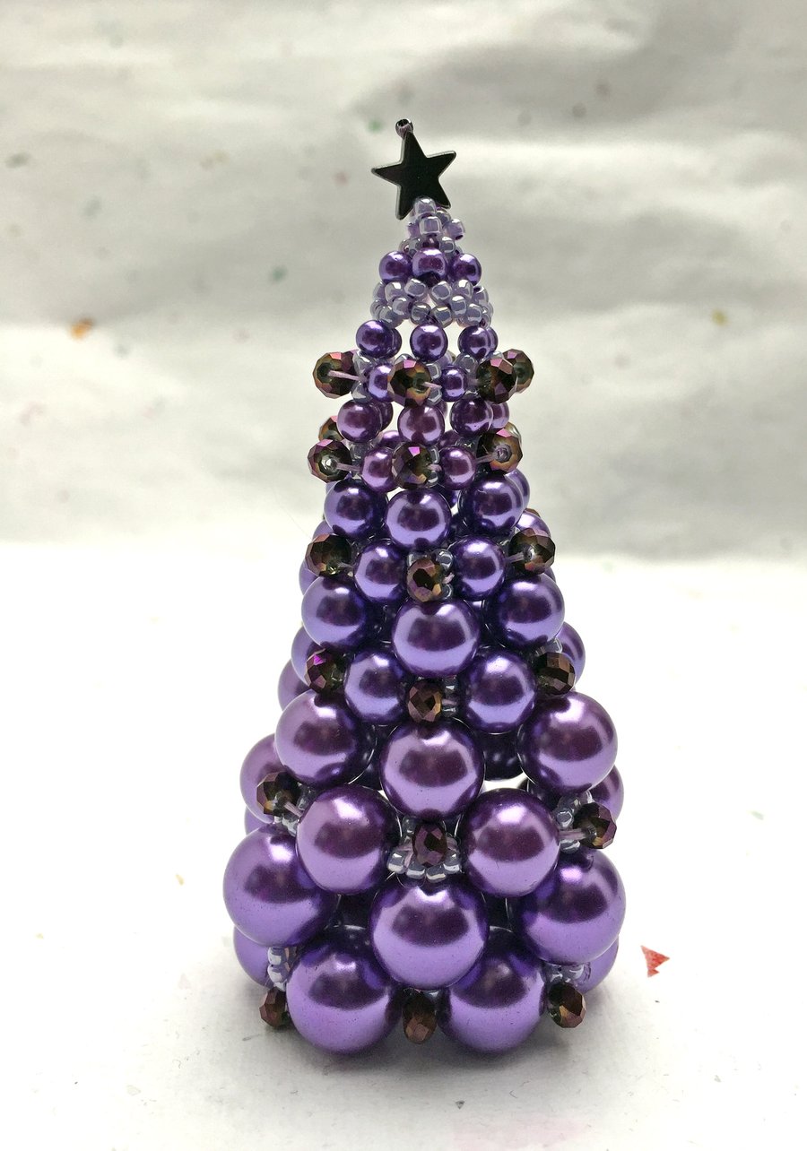 Purple beaded Christmas Tree decoration with purple metallic crystals