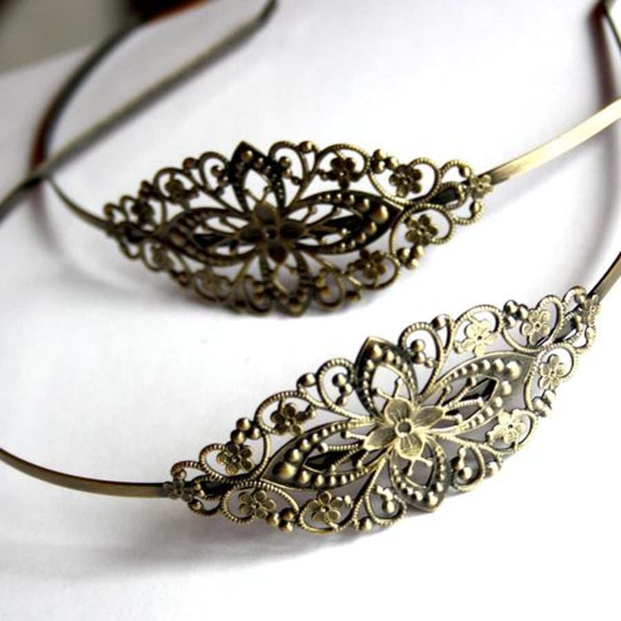 Antique Bronze Headband Hair Band with large filigree - 4 pcs