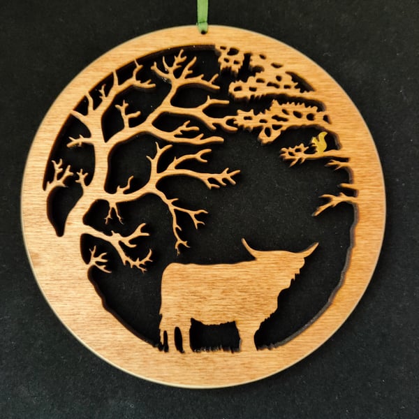 Small Highland Cow under the Trees - Wooden wall hanging
