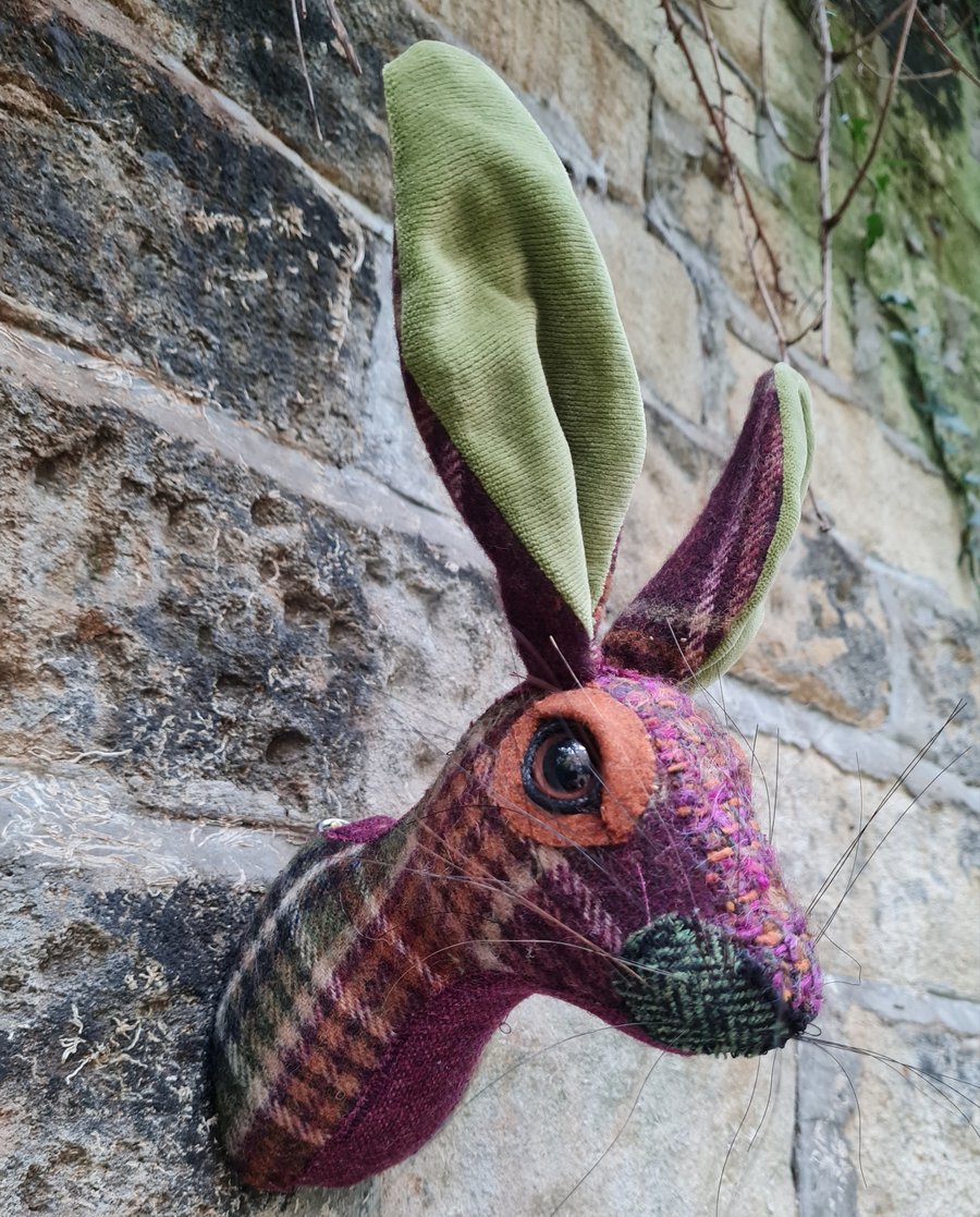 Mr Harris - Faux hare head in maroon green and orange wool 