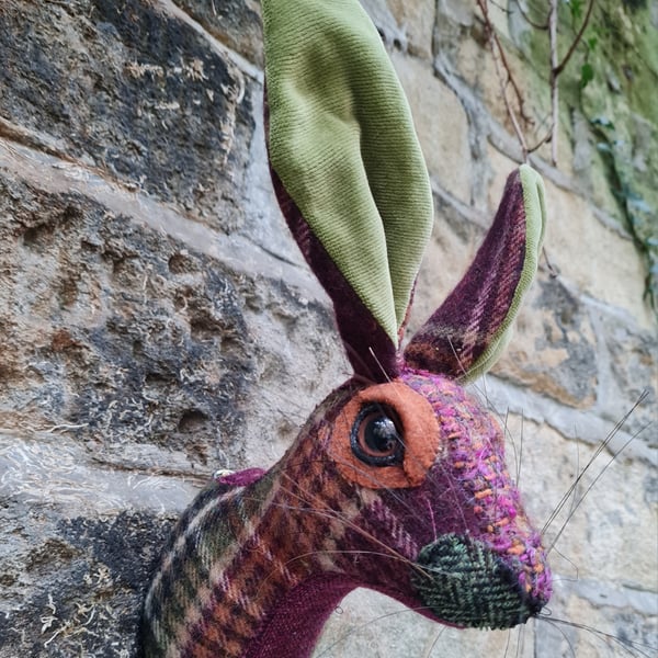 Mr Harris - Faux hare head in maroon green and orange wool 