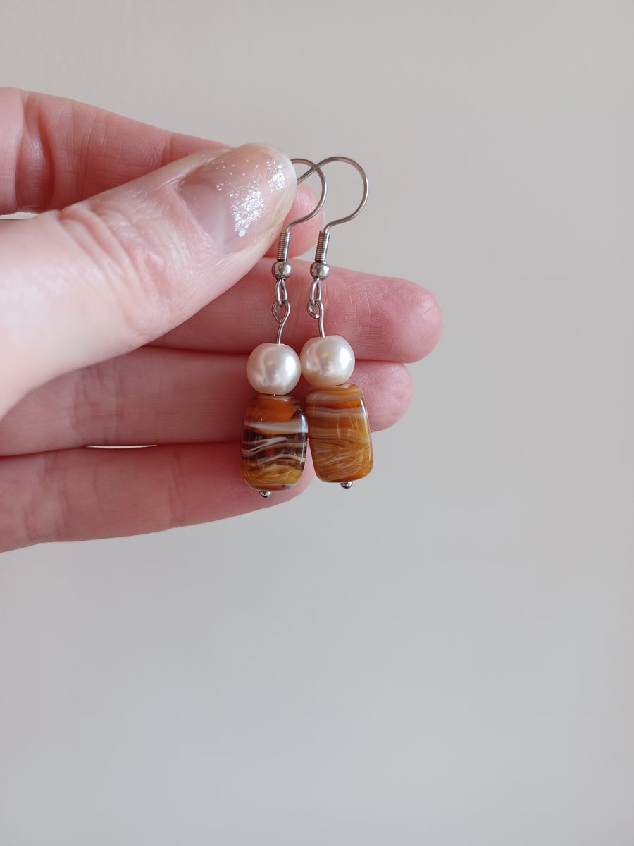 Swirl caramel brown and classic pearl drop earrings