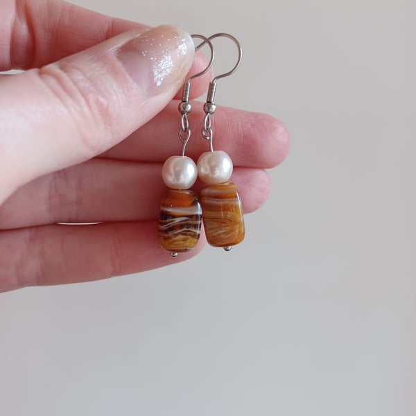 Swirl caramel brown and classic pearl drop earrings