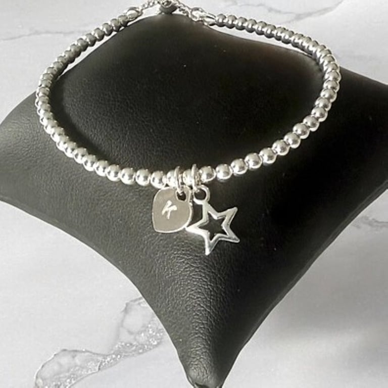 Sterling Silver Bead Bracelet with Heart & Star Charms – Personalised Jewellery