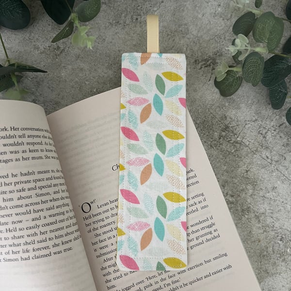 Fabric Bookmark in Pastel Leaf Design, Book Lover, Bookworm, Gift