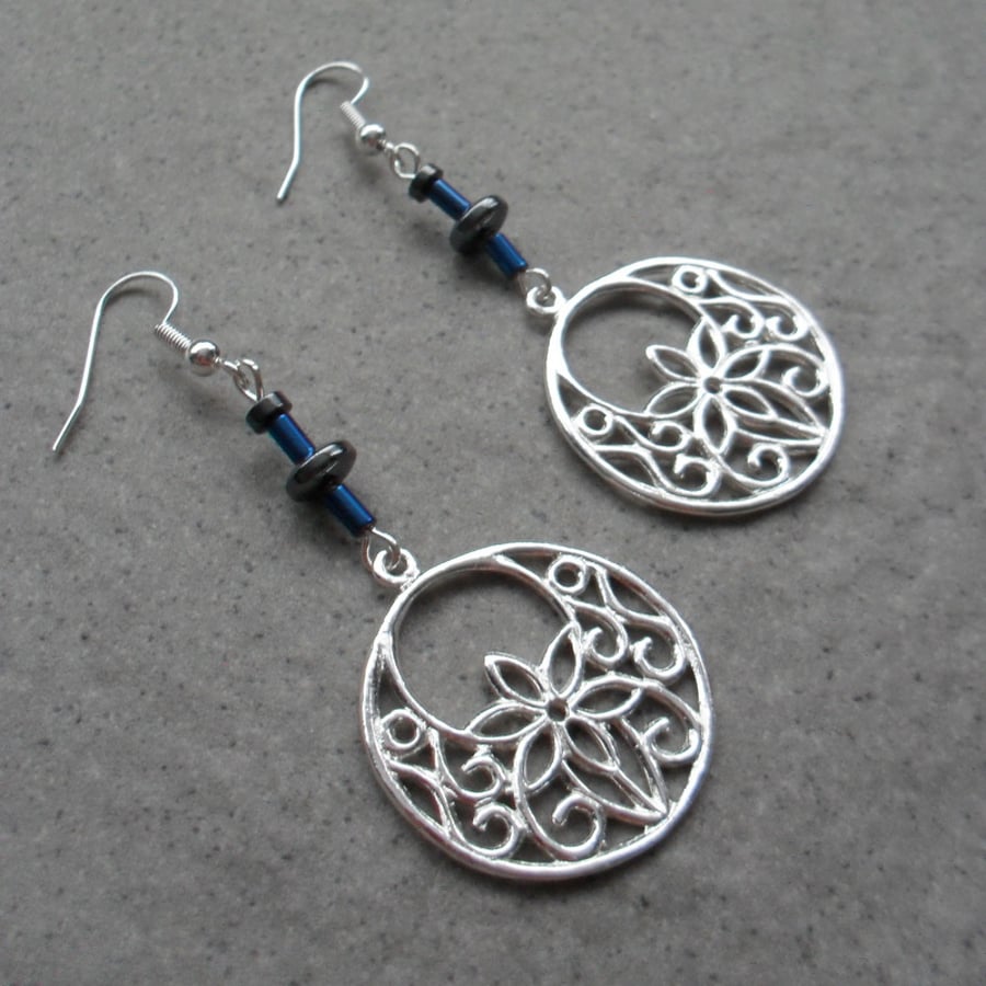 Silver Plated Disc Earrings With Haematite