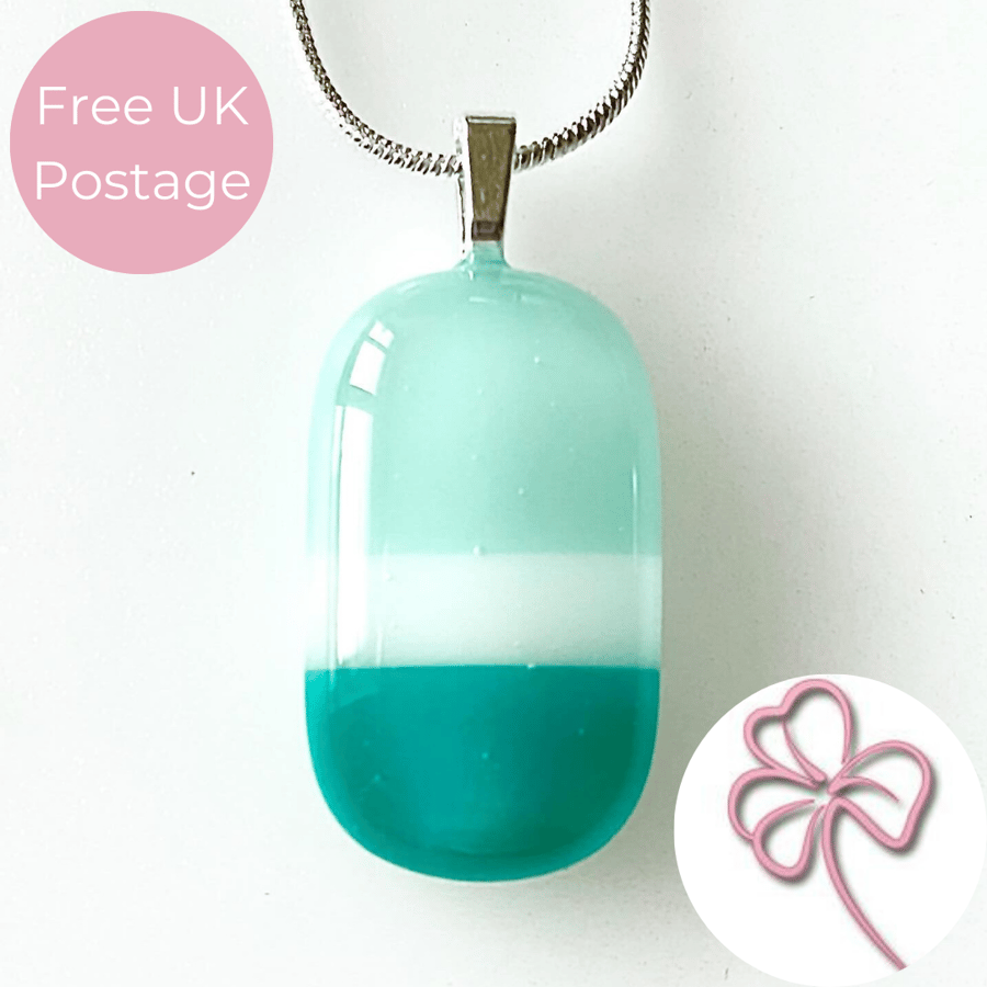 Teal Stripe Fused Glass Pendant Necklace 