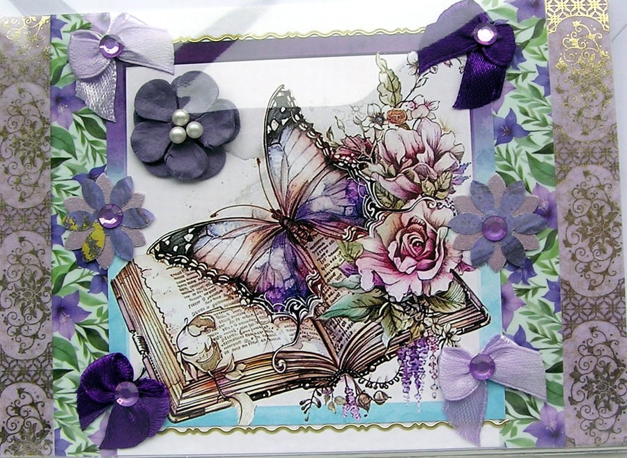 Purple Butterfly - Hand Crafted Decoupage Greeting Card - Blank - 3147