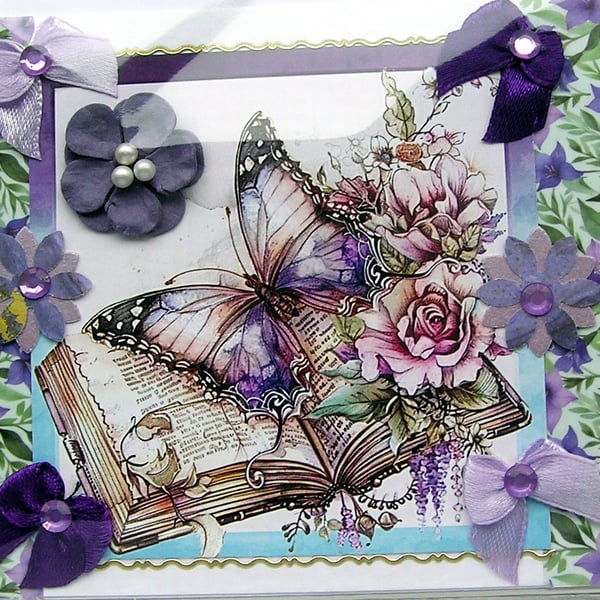 Purple Butterfly - Hand Crafted Decoupage Greeting Card - Blank - 3147