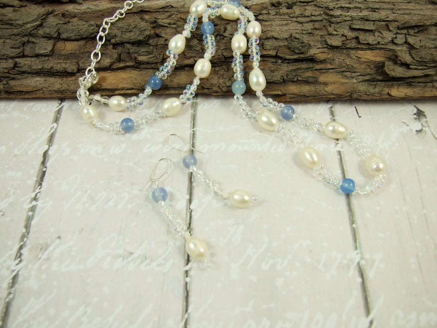 Necklace & Earrings, Sterling Silver with Pearls, Agate and Myuki Glass Beads  