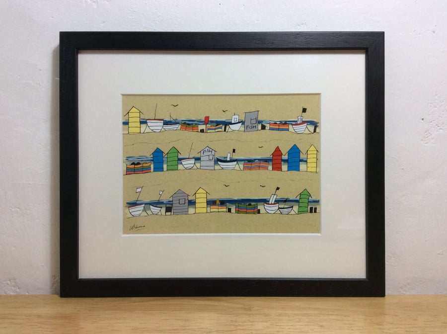 Beach huts and boats - framed print