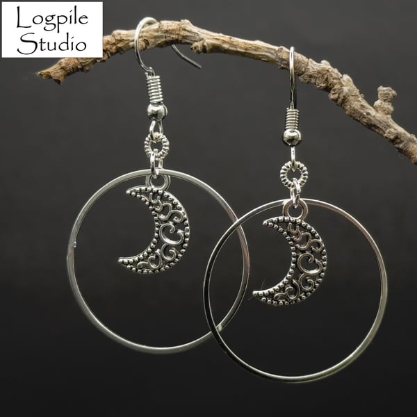 Silver Moon and Circle Earrings