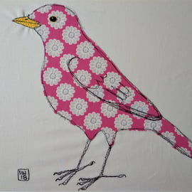 Pink Floral Blackbird Embroidered Portrait